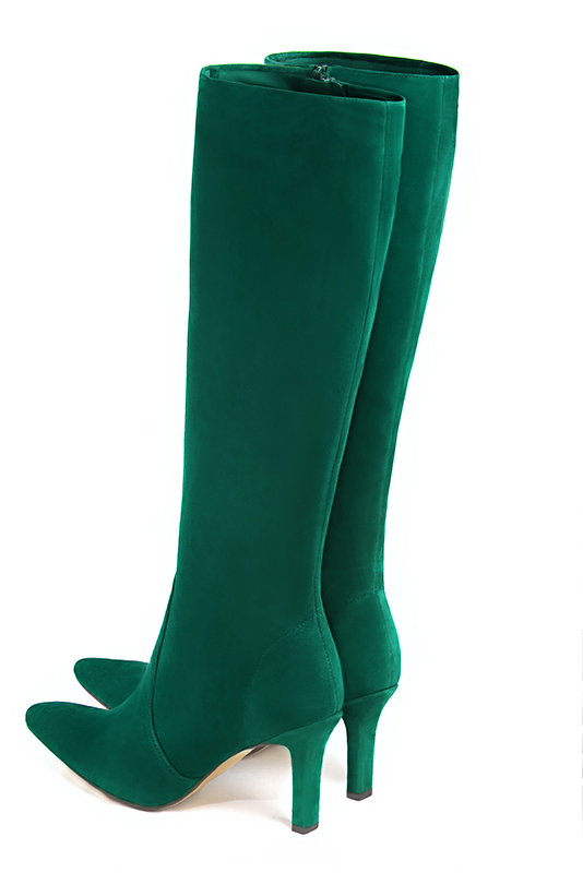 Emerald green women's feminine knee-high boots. Tapered toe. High slim heel. Made to measure. Rear view - Florence KOOIJMAN